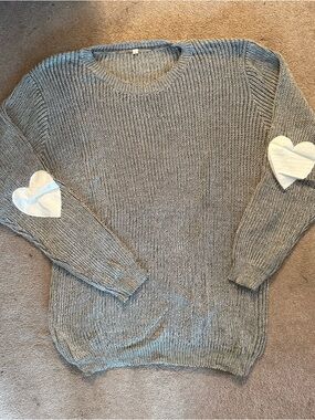 Cozy Gray Knit Sweater with Heart Elbow Patches